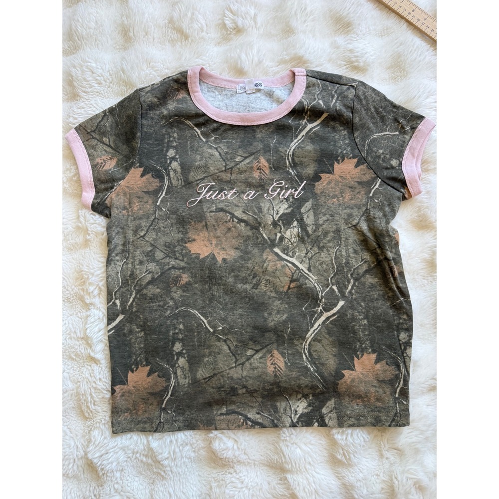 Orange Kiss Just a Girl Camo Ringer Tee Green Pink Maple Leaf Camouflage XL